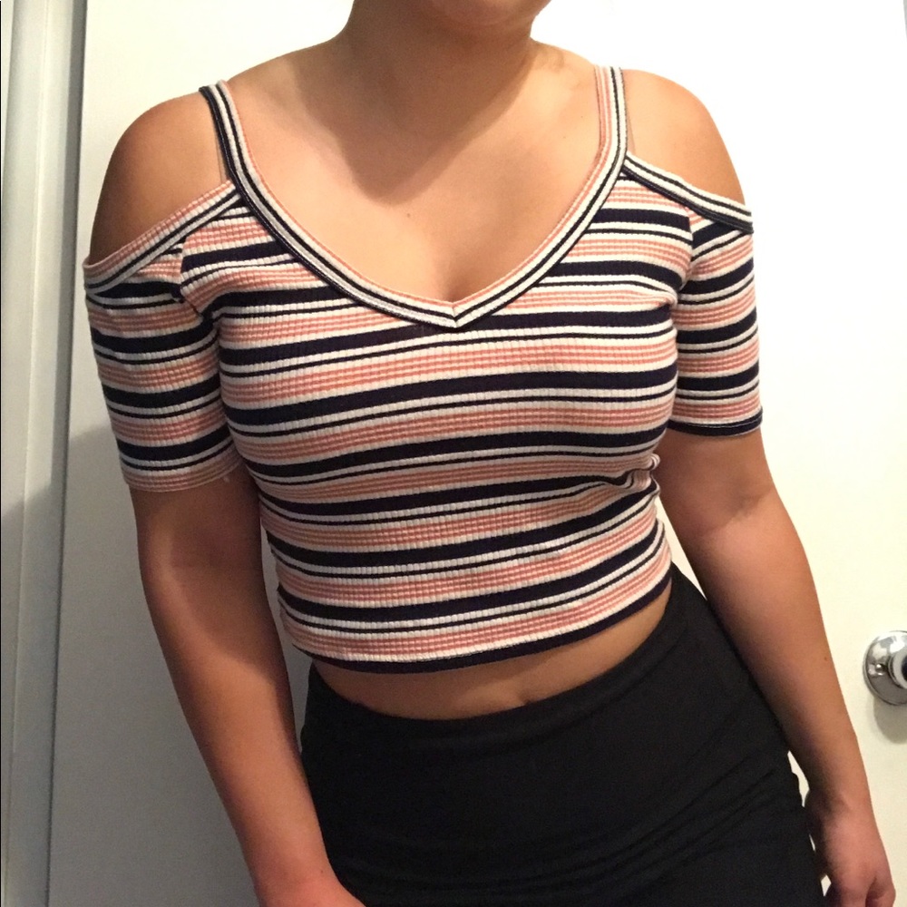 Striped Crop Top With Cutout Shoulders